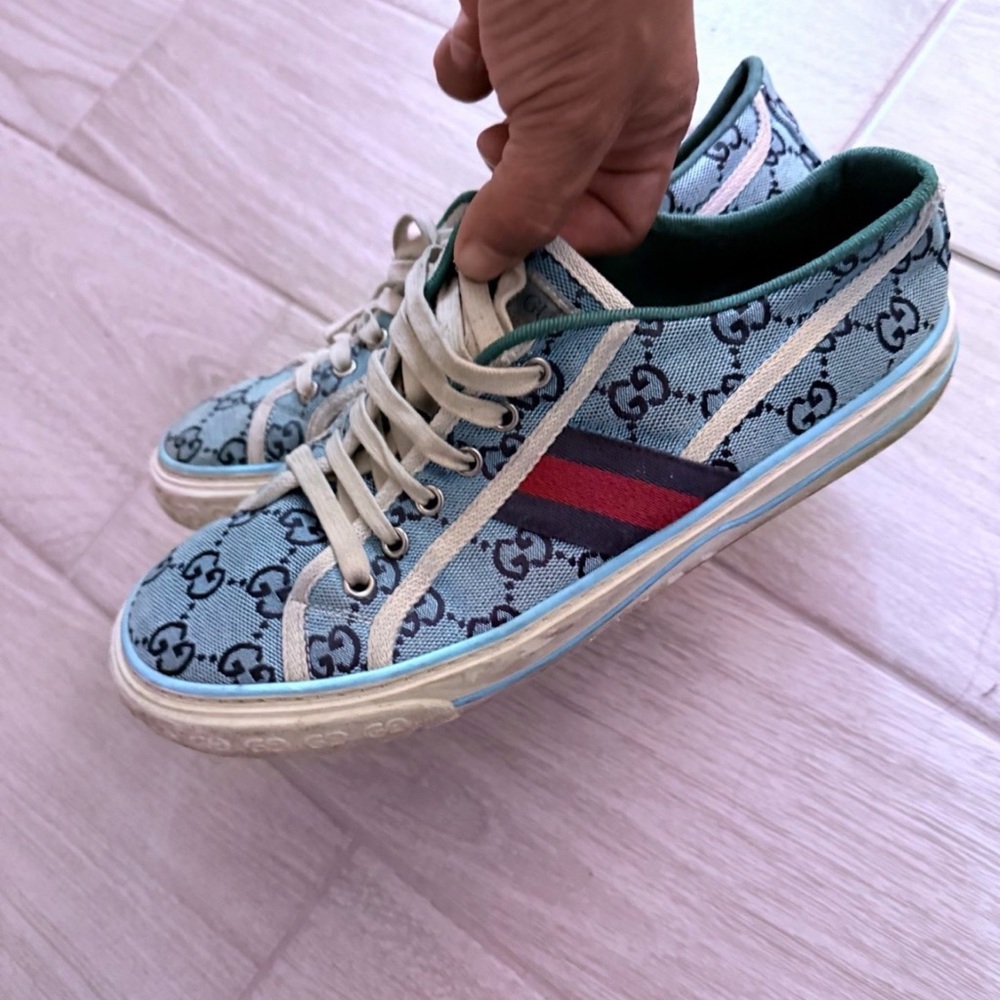 Gucci Blue Patterned Sneakers with Red and Green Stripes